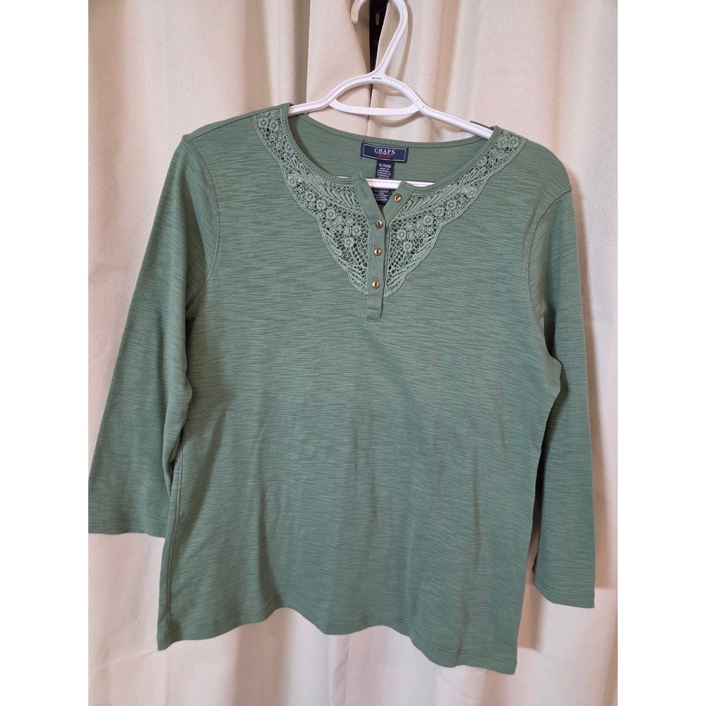 Chaps Denim Sage Green Lace Henley Top 3/4 Sleeve Cotton XL